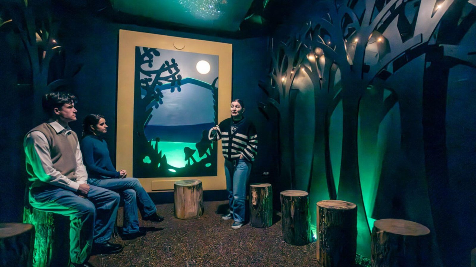 Tour in het National Leprechaun Museum in Dublin, mensen luisteren naar de gids